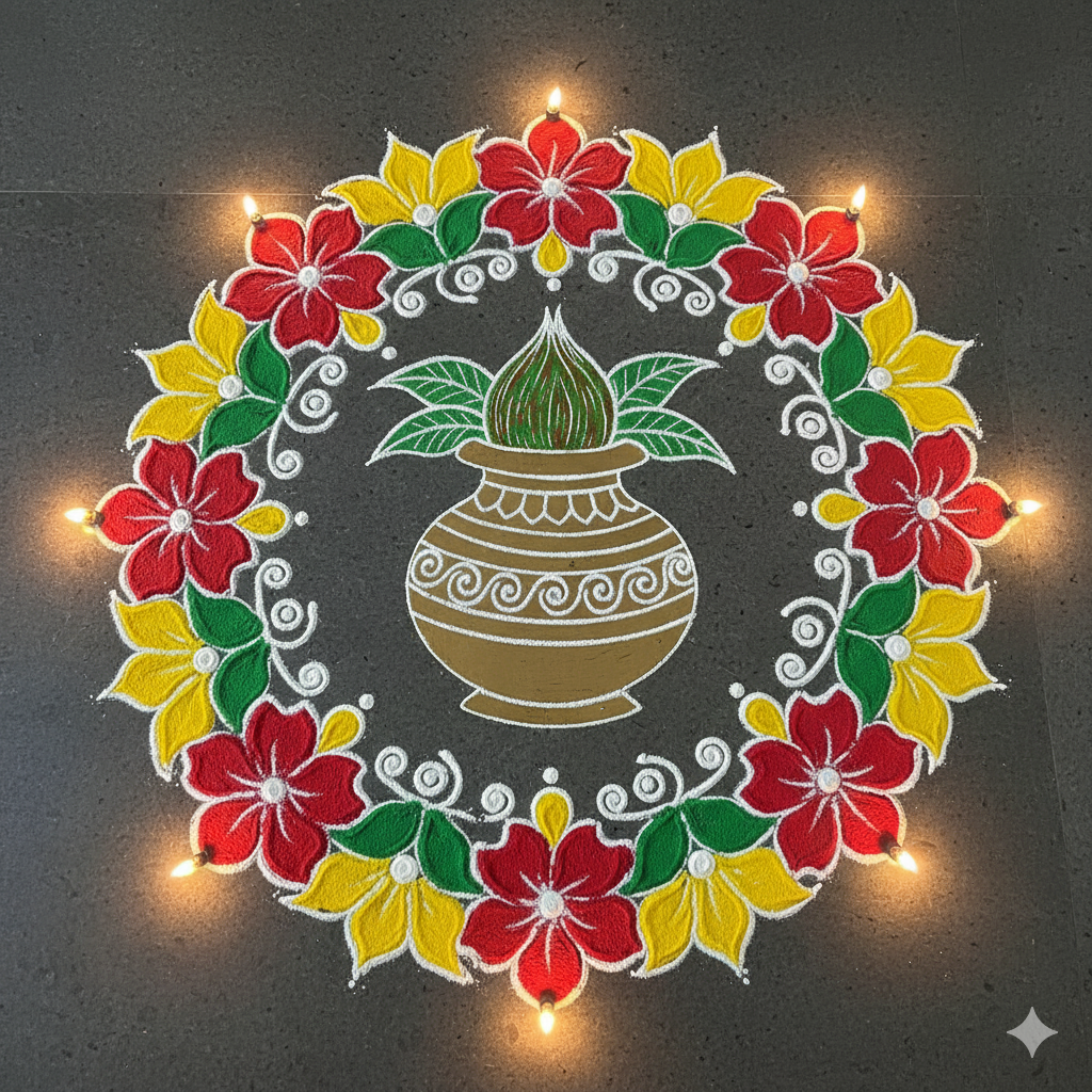 simple flower and kalash rangoli designs for diwali 2025ोे्